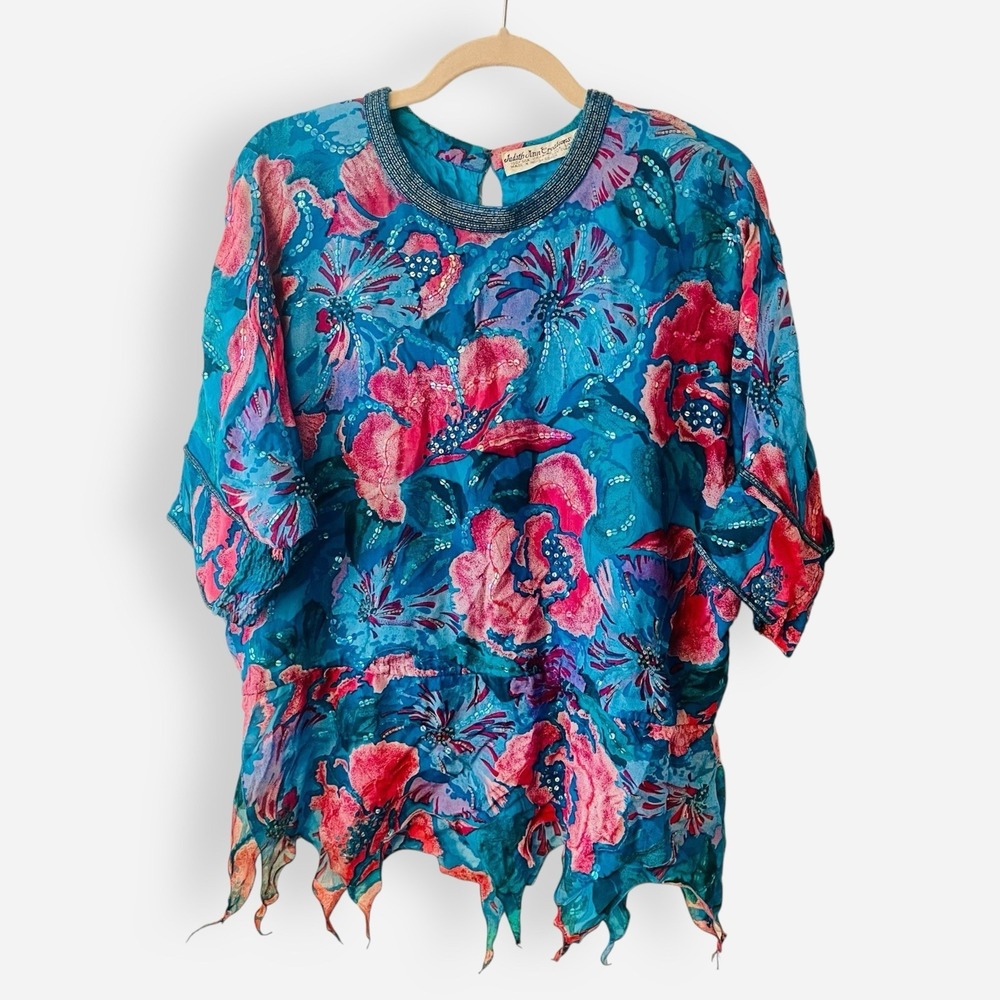 Vintage Judith Ann Creations Silk Blouse Small Turquoise Sequin Beaded Top‎